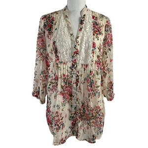 Motherhood Maternity Sheer Floral Button Up Flowy Blouse Size Medium Lace Accent